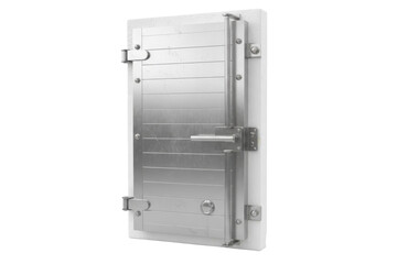 Metal Access Door with Latch and Handle on White Surface