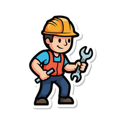 Fototapeta premium A cartoon worker in a hard hat holds a wrench and screwdriver