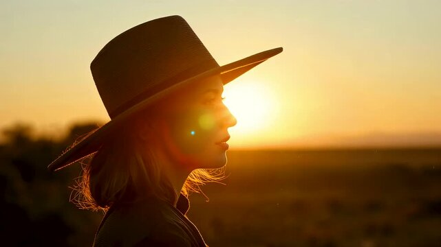 Side profile of woman wearing wide brim hat standing outdoors at golden sunset