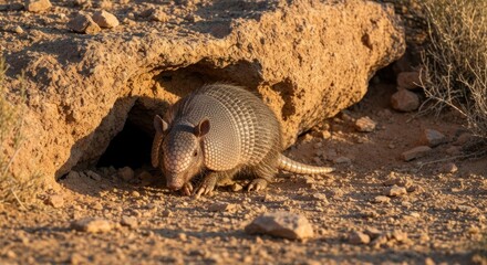 Fototapeta premium Armadillo emerging from a rocky desert burrow