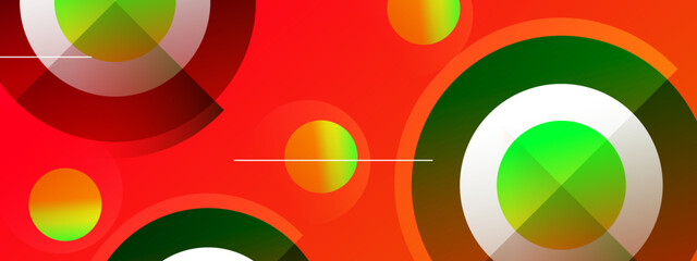Obraz premium Abstract geometric design featuring circles in vibrant green, white, and red ideal for backgrounds, textiles, or modern graphic designs.