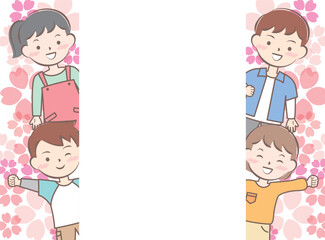 桜と私服の子供たちのフレーム　笑顔　