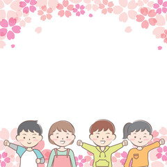 桜と私服の子供たちのフレーム　笑顔　