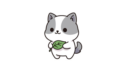 Fototapeta premium Adorable cartoon kitten standing, holding green leaf vector illustration.