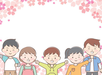 桜と私服の子供たちのフレーム　笑顔　