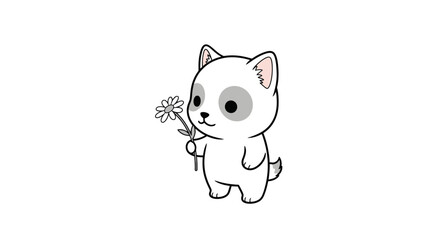 Obraz premium Adorable puppy character standing and holding a single daisy flower illustration.
