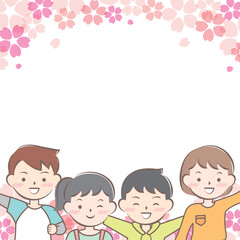 桜と私服の子供たちのフレーム　笑顔　