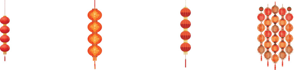 Watercolor Set Geometric Chinese New Year decoration with vertical lantern arrangement. Isolated on white background