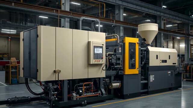 Industrial plastic injection molding machine installed inside factory production hall