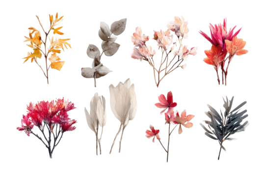 Collection of delicate dried flowers and botanicals isolated on transparent background. Collection of various floral branches and leaves isolated on white background. - Powered by Adobe