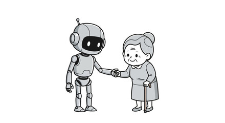 Monochrome robot character helps an elderly woman holding a walking stick, in a helpful vector illustration.
