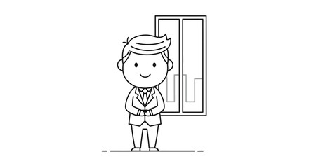 Professional businessman character standing with hands clasped near office file cabinets, in a clean line art illustration.