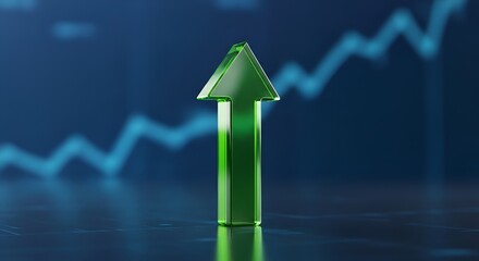 Glowing green glass arrow pointing sharply upward stands prominently against a dark blue background featuring a blurry rising financial chart line indicating positive growth trends.