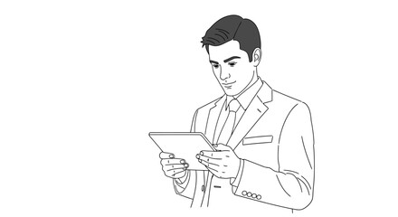 Professional businessman holding digital tablet, focused on screen line art illustration.