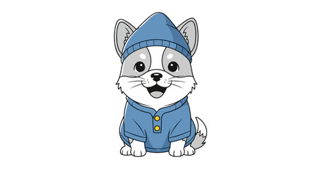 Puppy character sitting, wearing blue pajamas and a matching hat illustration.