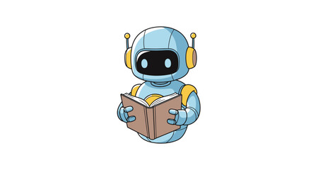 Reading blue robot character sitting and engrossed in an open book, symbolizing knowledge, in a vector illustration.