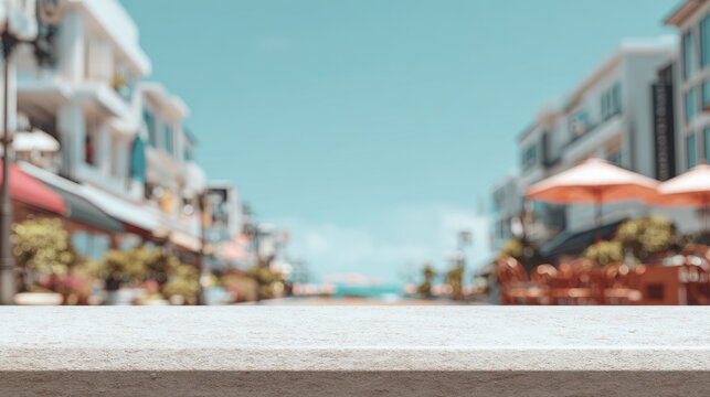 Mockup of a stone countertop with blurred seaside promenade and colorful umbrellas in the background, ideal for advertisement or promotional use
