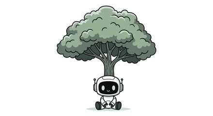 Robot character sitting peacefully under a large tree, illustrated in a natural vector style.