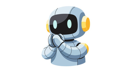Robot character standing, hands clasped together in a thoughtful pose illustration.