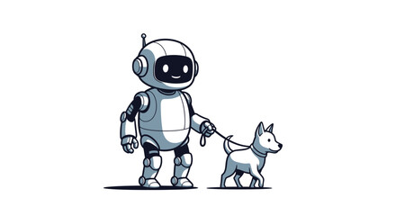 Robot character walking a small dog on a leash illustration.