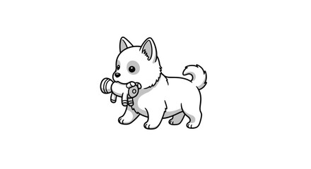 Simple line art puppy walking, carrying bone toy in mouth vector illustration.