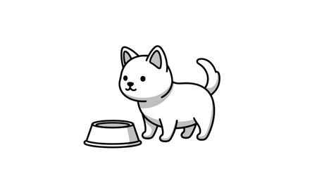Simple line art puppy standing beside empty food bowl vector illustration.