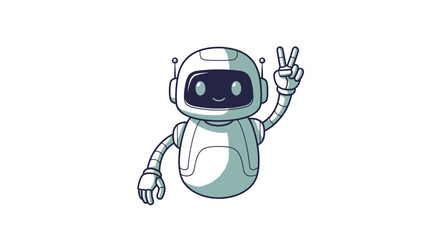 Sleek cartoon robot character making peace sign gesture, smiling friendly vector illustration.