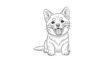 Sitting puppy character, monochrome, smiling with its tongue out illustration.
