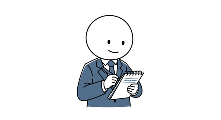 Stick figure businessman character writing on a notepad, taking important notes, in a monochrome line art illustration.