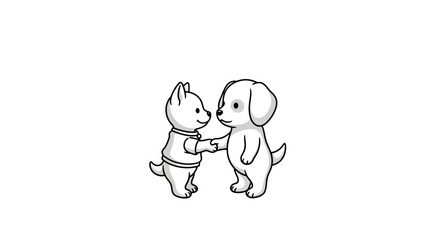 Two cute puppies shake hands, symbolizing friendship and agreement in a monochrome line art illustration.