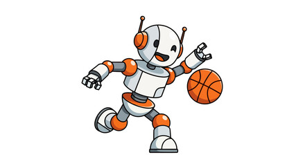 White and orange robot character dribbling a basketball, engaged in active play, in a dynamic vector illustration.