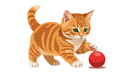 Vibrant orange tabby kitten character playing with a red ball illustration.