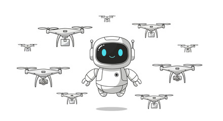 White robot character surrounded by multiple flying delivery drones, in a futuristic vector illustration.