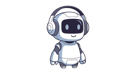 White robot character wearing headphones, enjoying audio or music, in a cheerful vector illustration.