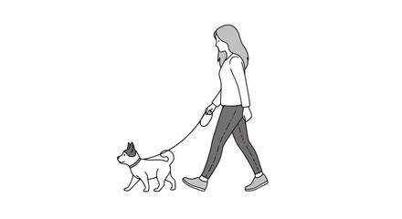 Woman walking a small dog on a leash in a simple monochrome line art illustration.