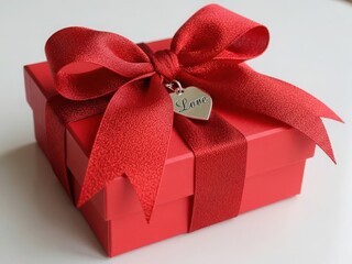 a red gift box with a ribbon and a heart shaped tag