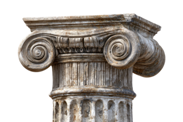 Ancient greek ionic column capital isolated on transparent background. Ancient ionic capital column architectural element isolated on white background.