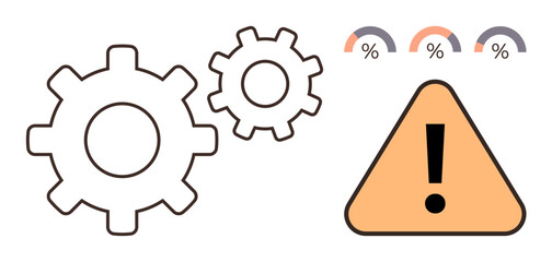 Risk management, technical error, workflow optimization, performance analysis, troubleshooting, data processing. Gears, warning sign percentage indicators. Risk management and technical error