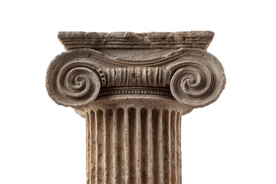 Ancient greek ionic column capital isolated on transparent background. Ancient ionic column capital detail with volutes and echinus isolated on white background.