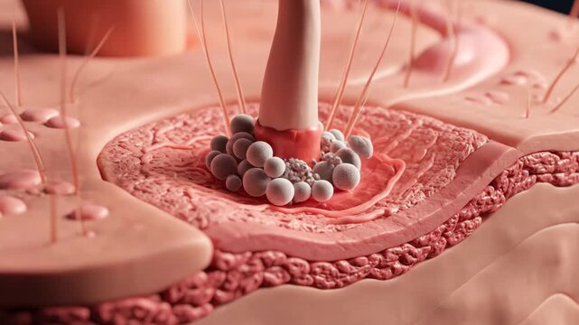 A detailed 3D animation showcasing the proliferation of bacteria around a hair follicle, depicting skin infection.