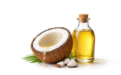 Glass bottle of Coconut oil with half cut coconut and leaf on a white background