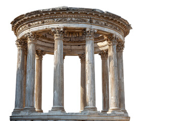 Ancient roman temple ruins isolated on transparent background. Ancient roman temple rotunda with corinthian columns isolated on white background.