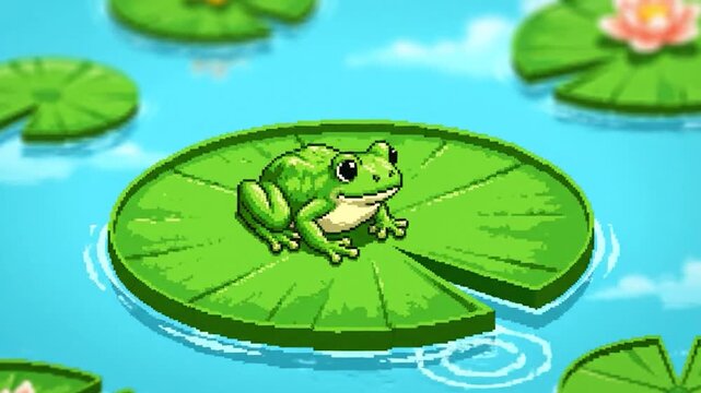 Pixelated image of a green frog on a lily pad in a blue pond. Other lily pads are present