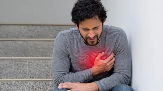 A man sitting on stairs with his hand on his chest, grimacing in pain, indicating chest pain or a heart issue.