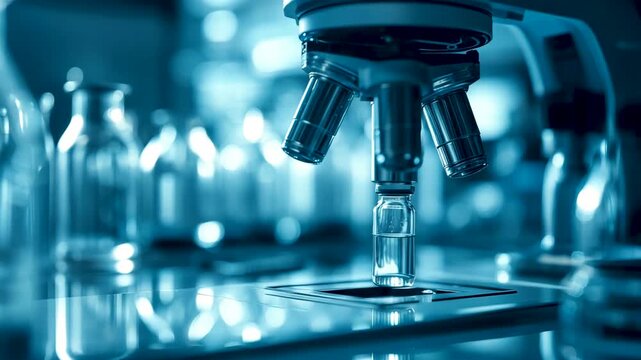 Laboratory microscope focused on glass slide with bottles and equipment in background