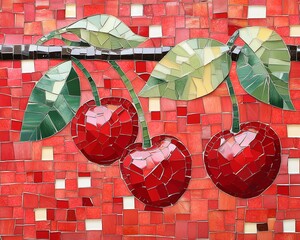 Ripe cherries, wall decoraion, red ceramic mosaic, smmer fruit inspiration