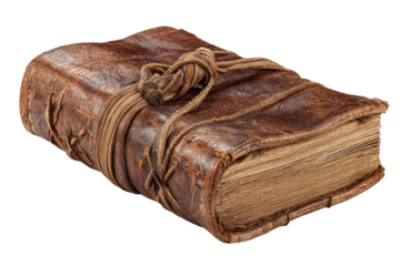 Antique leather bound book with ornate clasp isolated on transparent background. Old leather bound journal with tie closure and aged paper pages isolated on white background.