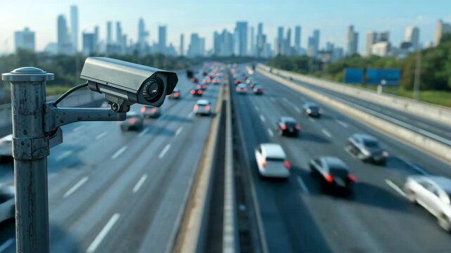 Highway surveillance camera mounted above multi lane road with moving cars and city skyline