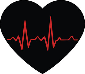 Vital Black Heart Symbol Featuring Dynamic Red Heartbeat Pulse Line for Health Monitoring