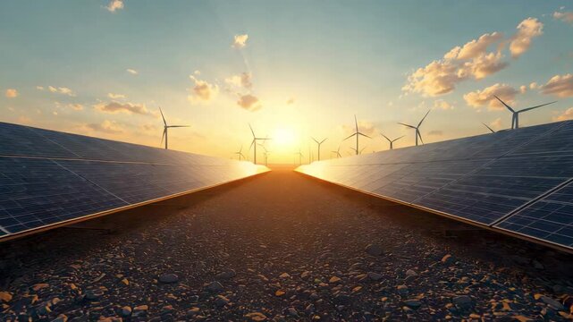 Solar panels aligned along gravel path with wind turbines facing sunrise under open sky